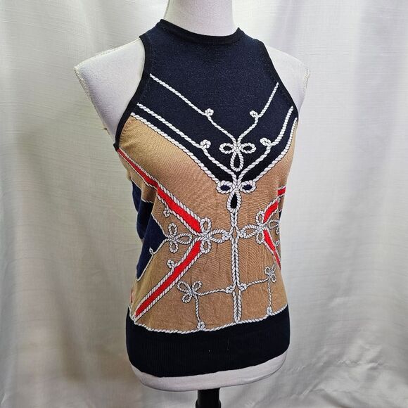 Cache Navy Blue Nautical Sleeveless Sweater Top Size XS - Picture 3 of 8
